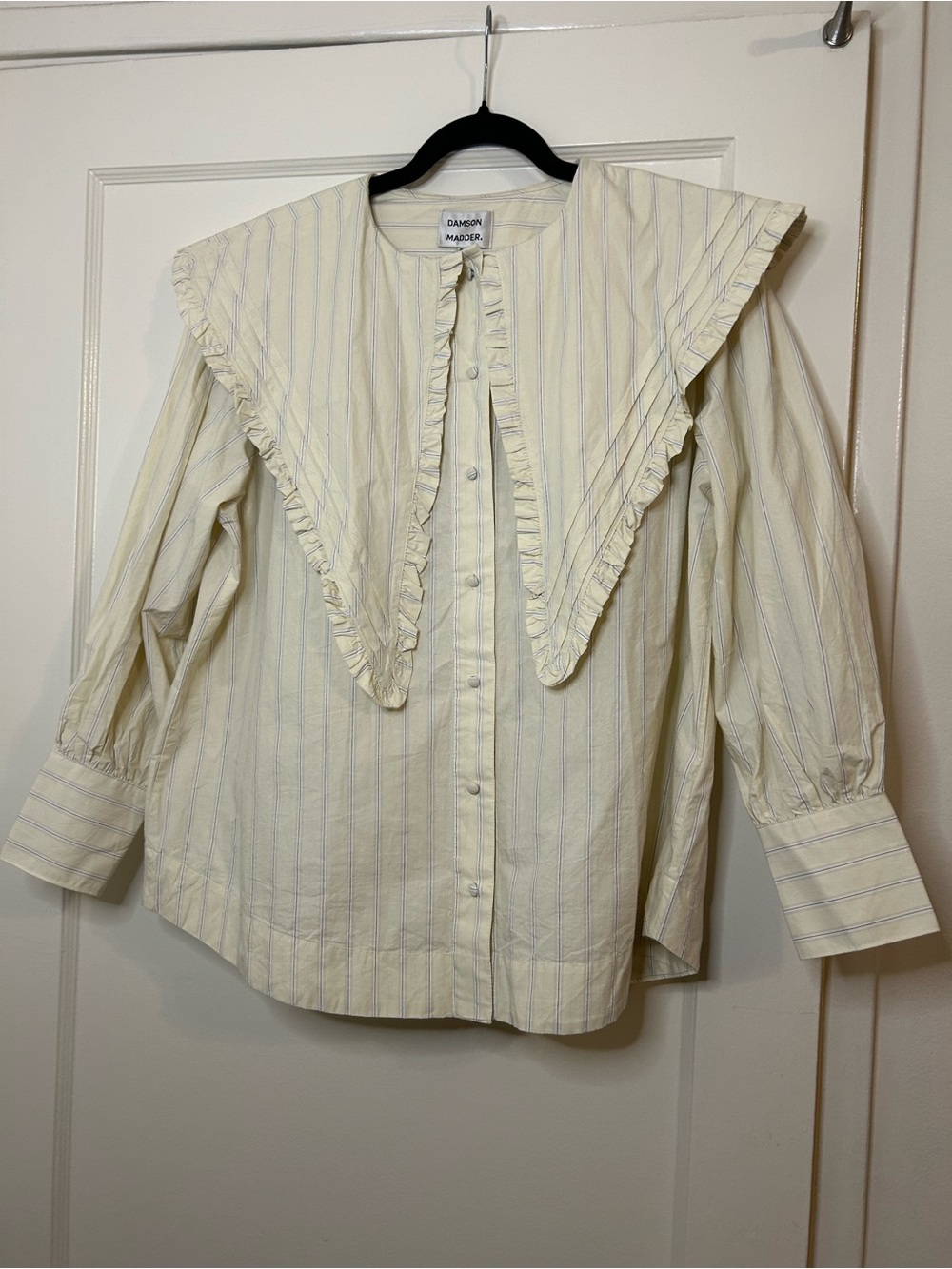 Damson Madder Pale Yellow & Blue Striped Ruffle Collar Blouse